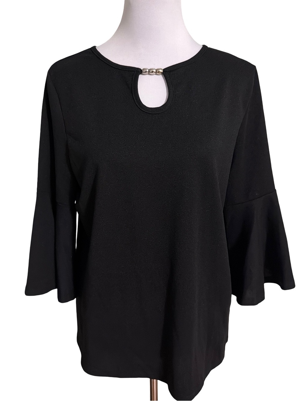 Women's Black Bell-Sleeve Keyhole Top with Accent